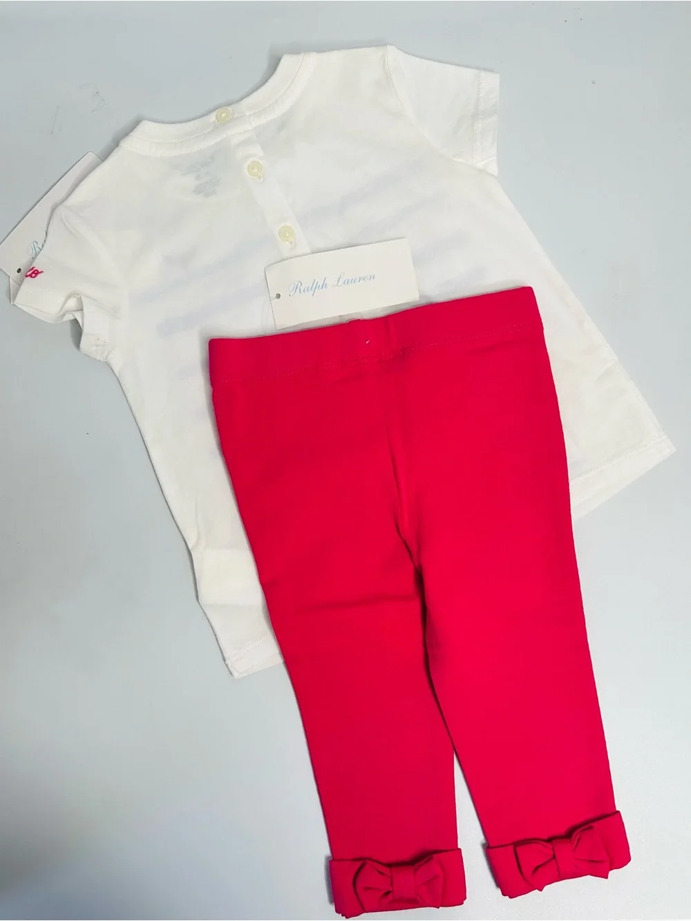 Ralph Lauren White Tee with Blue Whale Stripe Print and Hot Pink Leggings
